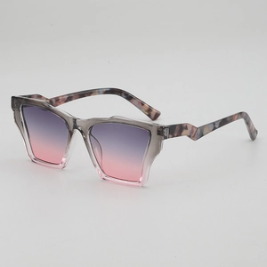 Irregular geometric gray sunglasses with purple gradient lenses and patterned temples