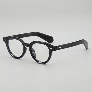 Retro black full-frame Boston glasses with silver rivet details at 45-degree angle