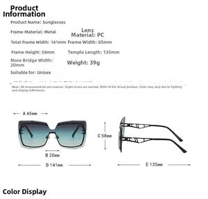 Detailed size chart for oversized metal sunglasses with frame dimensions and specifications