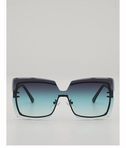 Detail of trendy square sunglasses featuring double-layered blue gradient frame and lenses