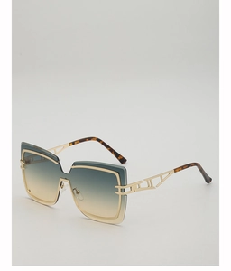 Detail view of hollow geometric metal temples and tortoiseshell tips on square sunglasses