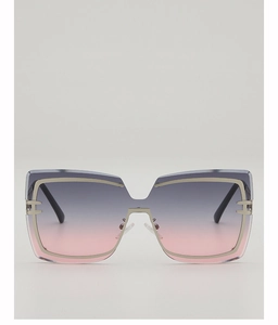 Front view of square oversized sunglasses with purple frames and grey-pink gradient lenses