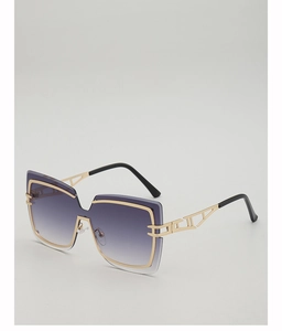 Detail of square oversized sunglasses with gold hollow temples and purple gradient lenses