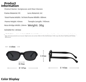 Spécifications des lunettes de soleil noires avec monture en PC et verres en AC