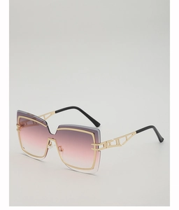 Detail of oversized square sunglasses with pink gradient lenses and hollow geometric temples