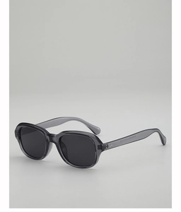 Détail d'une monture de lunettes gris transparent avec rivets et spécifications