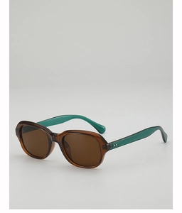 Détail de lunettes de soleil carrées marron avec branches turquoise et verres foncés chic