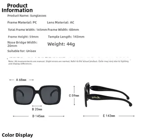Detailed sizing chart for oversized square sunglasses with PC frame and AC lens dimensions