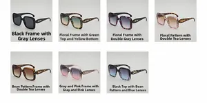 Multiple oversized sunglasses variants including black, leopard, and gradient frames