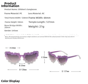 Detailed dimension guide for purple heart-shaped kids daisy sunglasses with PC frame