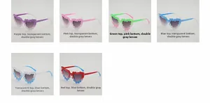 Detail of heart-shaped sunglasses for kids with daisy petal frames in six gradient colors