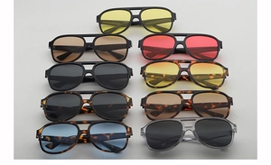 Detailed view of various colorful pilot sunglasses with vintage double bridge frames