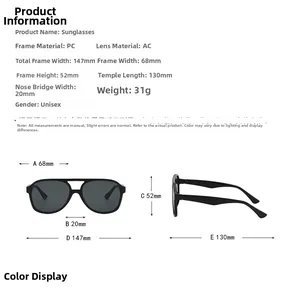 Detailed size chart for retro double-bridge square sunglasses with dimensions and specs