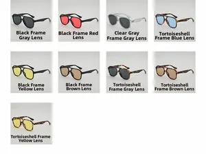 Detailed grid view of double-bridge aviator sunglasses in various frame and lens colors