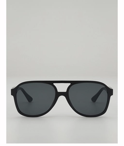 Detailed close-up of matte black double-bridge square sunglasses with dark grey lenses