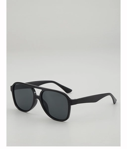 Detail view of large frame square sunglasses with vintage brown double bridge design