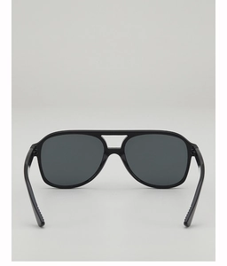 Detail of classic double-bridge aviator sunglasses with black frames and dark grey lenses