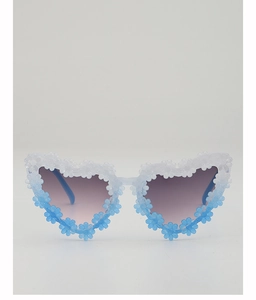 Detail of heart-shaped kids sunglasses with white to blue gradient floral frames