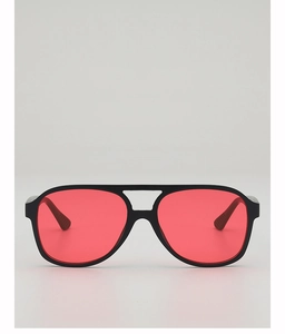 Detail view of vintage square aviator sunglasses with black frame and red lenses