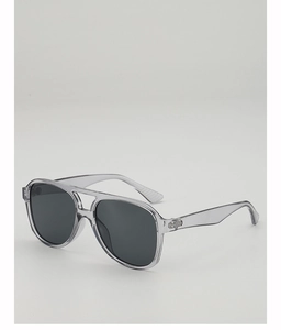 Detail of transparent gray aviator sunglasses with double bridge and dark lenses
