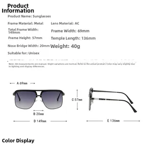 Detailed size chart for metal frame sunglasses showing dimensions from 149mm to 136mm