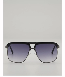 Detail of square sunglasses with gradient purple lenses and modern metal frame bridge