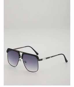 Detail view of square sunglasses featuring gradient lenses and striped metal temples