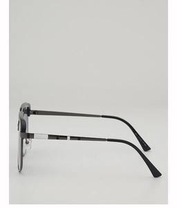 Detail of metal sunglasses temple with silver stripes and M8118 printed model number