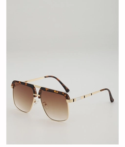 Detail of tortoise shell and gold metal frame square sunglasses with gradient lenses