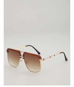 Detail of square gold metal frame sunglasses with gradient lenses and tortoise temple tips