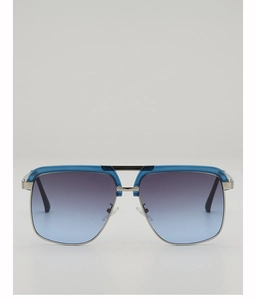 Close-up of retro square metal frame sunglasses with blue gradient lenses and nose pads