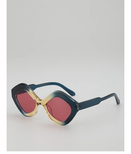 Vue détaillée de lunettes de soleil géométriques avec monture dégradée bleu et ambre