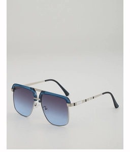 Detail of silver metal frame with blue gradient lenses and striped temple arms