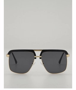 Close-up of black and gold square aviator sunglasses with gradient grey lenses