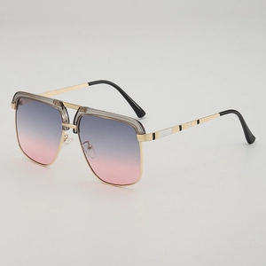 Cool square metal sunglasses with gold frame and blue-pink gradient lenses