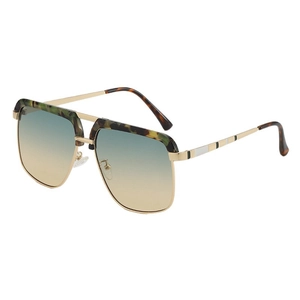 Mens square metal frame sunglasses with gold finish and blue-yellow gradient lenses
