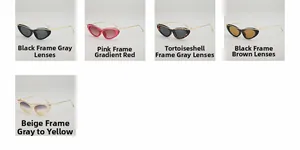 Detail view of cat-eye sunglasses collection with various frame colors and gold metal temples