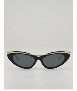 Close-up of cat-eye sunglasses with black frame and gold metal inlay detail