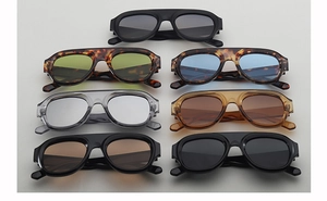 Collection of retro aviator sunglasses in black, tortoise, and amber thick frames