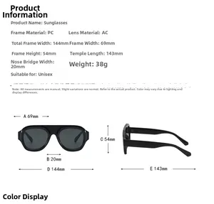 Detailed size chart for retro pilot sunglasses showing frame dimensions and PC material specs