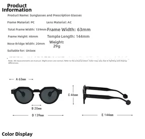 Detailed size specifications and material chart for round PC frame sunglasses