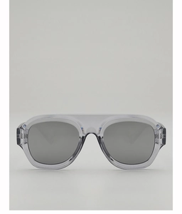 Front view of trendy oversized aviator sunglasses with transparent grey frames and dark lenses