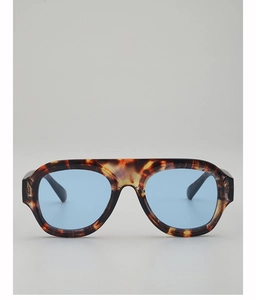 Close-up of tortoise shell frame sunglasses with vintage blue tinted lenses