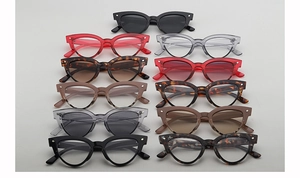 Detailed array of oval cat-eye sunglasses with metal rivets in various frame colors
