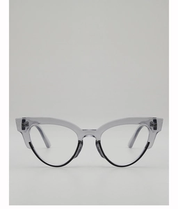 Detailed front view of modern cat-eye sunglasses in transparent grey with black accents