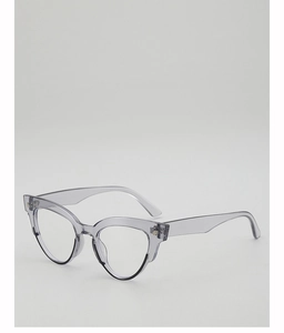 Close-up of transparent gray cat-eye sunglasses frame with durable metal hinges