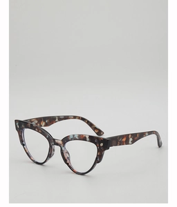 Detail of retro cat-eye sunglasses featuring marble tortoiseshell frames and silver accents