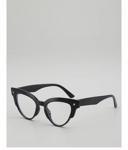 Detail of retro oval sunglasses showing silver cross rivets and black glossy frame texture
