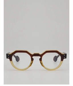 Detailed front view of retro geometric eyewear frame with tortoiseshell color splicing