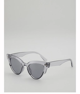 Close-up of durable silver metal hinges on transparent gray cat-eye sunglasses frames